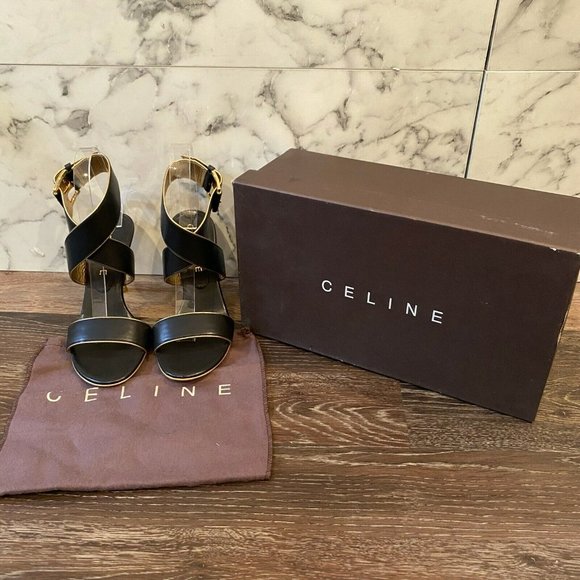 CELINE Black Calfskin Leather & Gold Trim Criss-Cross Open Toe Sandals - US 5 - Picture 1 of 12